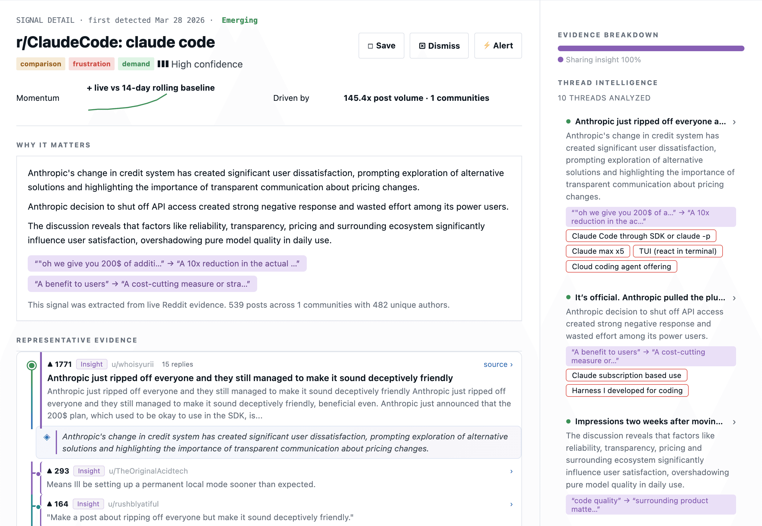Signal detail showing why it matters, key quotes, and representative evidence threads